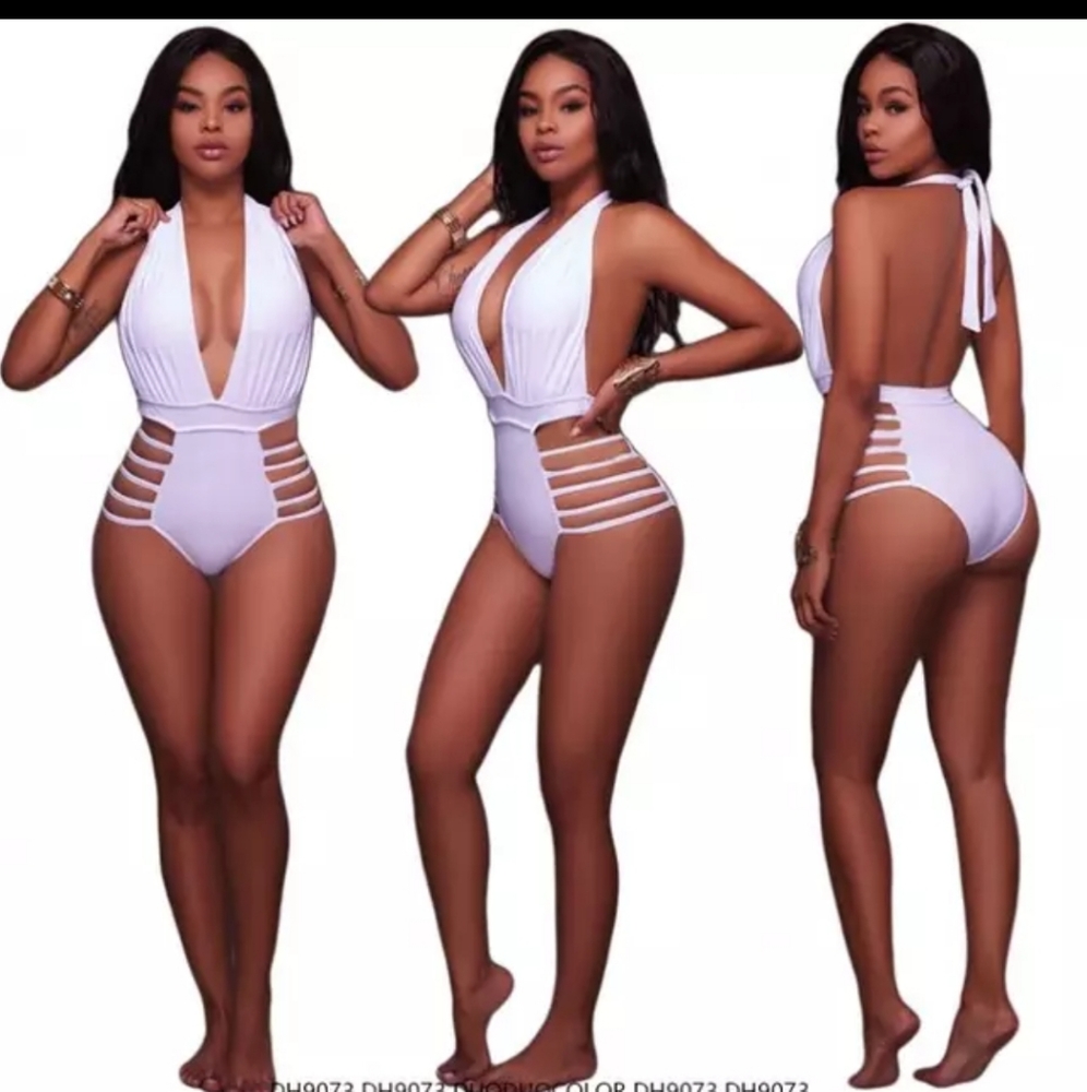 Sexy White One Piece Deep V Neck Halter Bikini